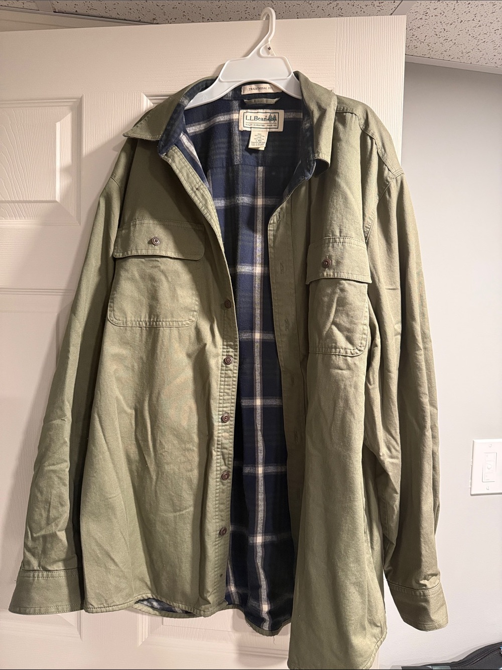 L.L. Bean Olive Green Shacket with Navy Plaid Lining